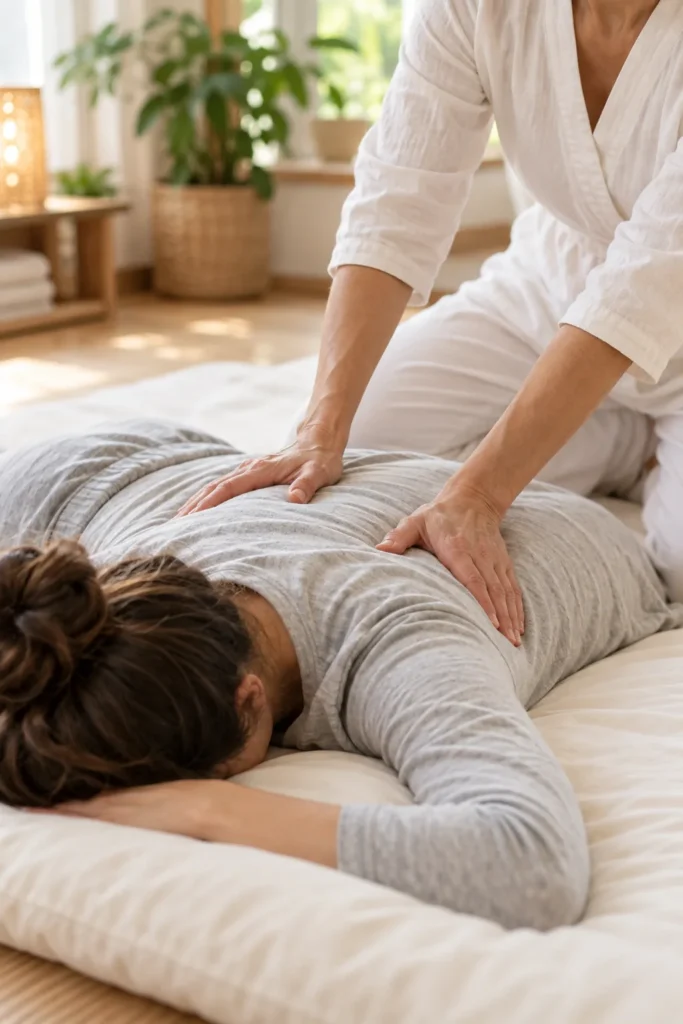 Shiatsu: pressione dei palmi lungo la schiena, eseguita sui vestiti su un futon